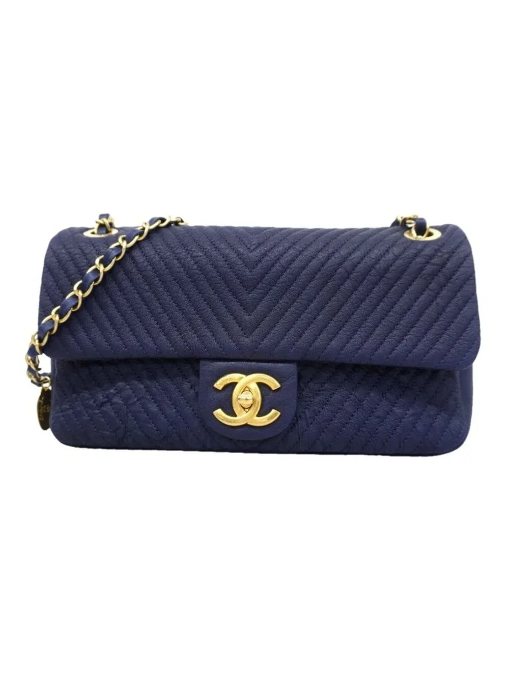 Chanel Shoulder Bag Chevron Leather Navy Gold